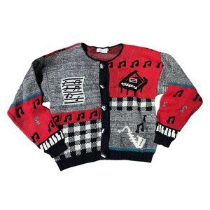 Vintage Sweater Loft Abstract Piano Music Knit Cardigan 80s 90s Art Sweater Med